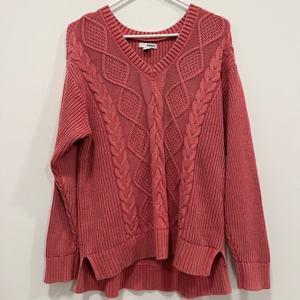 Sonoma V-Neck Cable Knit Sweater - Dusty Rose